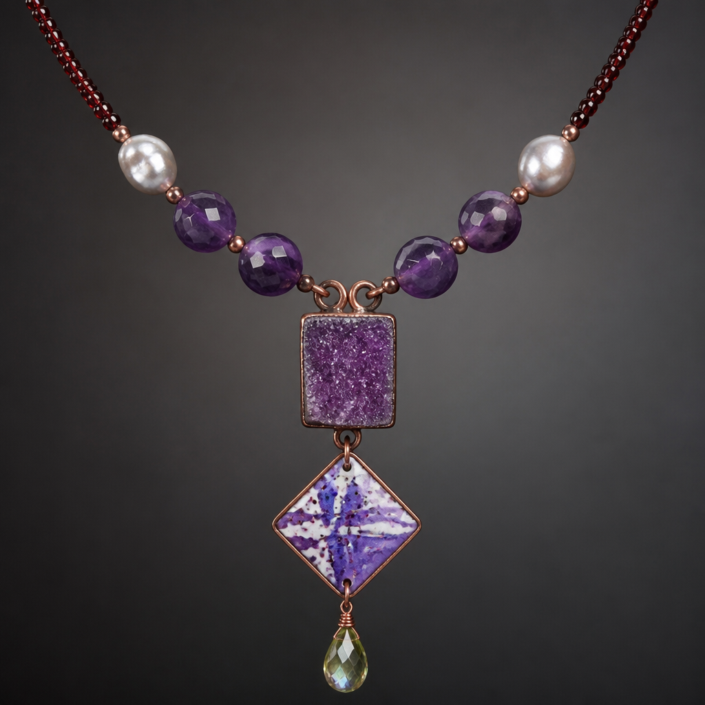 A women's necklace. create a necklace with a pendant that has a rectangular druzy amethyst with a copper enameled square that's hung diagonally below that that has an abstract enameled pattern of some speckles and some lines in white and different purples and lavenders, and a tiny teardrop that is translucent peridot color with AB coating. the pendant is hanging from some agatized faceted amethyst beads about 14 mm followed by some similar sized blister pearls followed by very fine faceted Garnet beads
photorealistic jewelry design, A women's necklace. create a necklace with a pendant that has a rectangular druzy amethyst with a copper enameled square that's hung diagonally below that that has an abstract enameled pattern of some speckles and some lines in white and different purples and lavenders, and a tiny teardrop that is translucent peridot color with AB coating. the pendant is hanging from some agatized faceted amethyst beads about 14 mm followed by some similar sized blister pearls followed by very fine faceted Garnet beads, modern style, just the design no text
