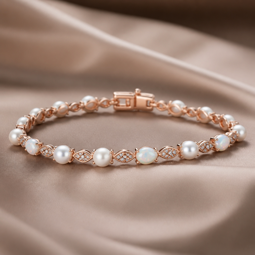 A luxury women's bracelet made of rose gold with pearl and opal stones suitable for daily wear
photorealistic jewelry design, A luxury women's bracelet made of rose gold with pearl and opal stones suitable for daily wear, luxury style, just the design no text