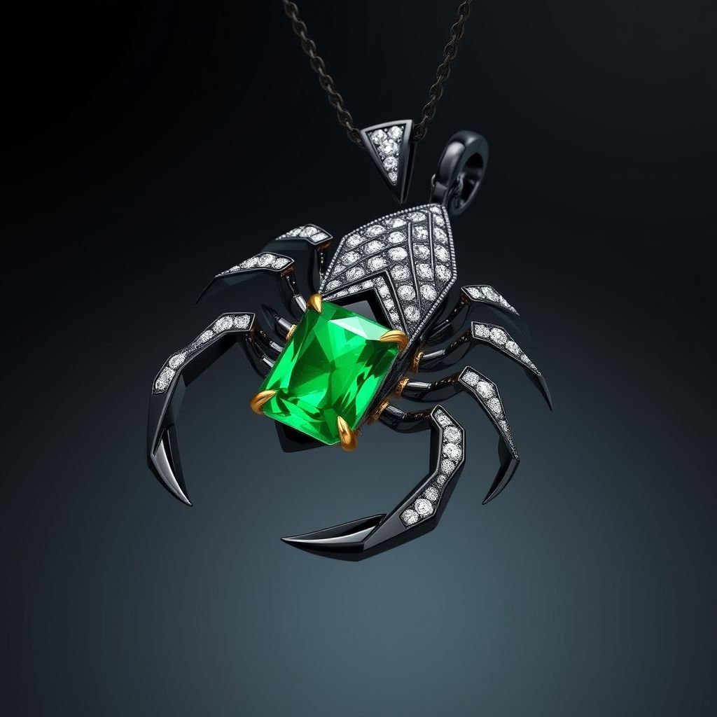 Geomatric scorpion pendant of diamonds and gold accents for contrast. Incorporate a single, oval-cut gemstone-perhaps a striking emerald-set at an unconventional angle, creating a bold focal point that exudes contemporary elegance and sophistication.black gold  
