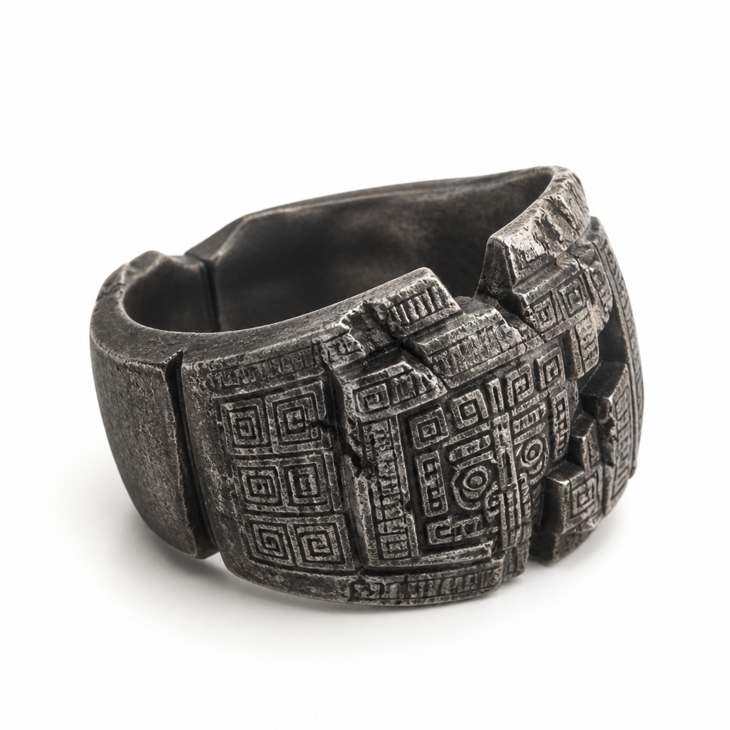 Luxury men’s oxidized silver ring inspired by a lost ancient sanctuary relic, thick and powerful structure, broken eroded edges, carved ancient glyph details, stone-like texture, sacred ceremonial feeling, excavated artifact, mysterious and monumental, white background, high-end jewelry render, no gemstones, no extra decoration.
photorealistic jewelry design, Luxury men’s oxidized silver ring inspired by a lost ancient sanctuary relic, thick and powerful structure, broken eroded edges, carved ancient glyph details, stone-like texture, sacred ceremonial feeling, excavated artifact, mysterious and monumental, white background, high-end jewelry render, no gemstones, no extra decoration., just the design no text