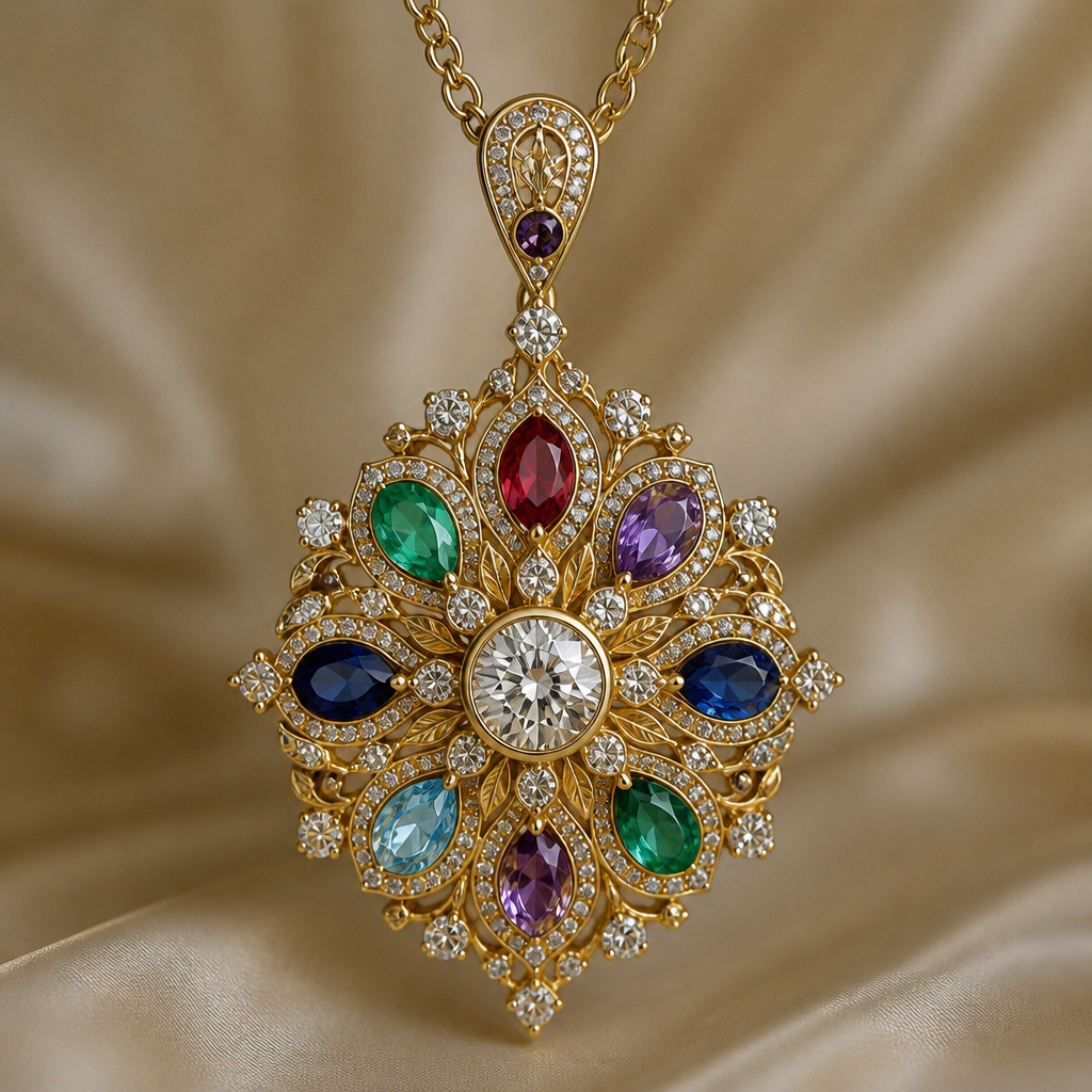 A pendant women's ring made of gold with diamond and ruby and sapphire and emerald and amethyst and aquamarine stones suitable for gift, highly ornate, intricate and elaborate, richly detailed. collier en or avec un diamant au milieu du pendentif
photorealistic jewelry design, A pendant women's ring made of gold with diamond and ruby and sapphire and emerald and amethyst and aquamarine stones suitable for gift, highly ornate, intricate and elaborate, richly detailed. collier en or avec un diamant au milieu du pendentif, pendant style, just the design no text
