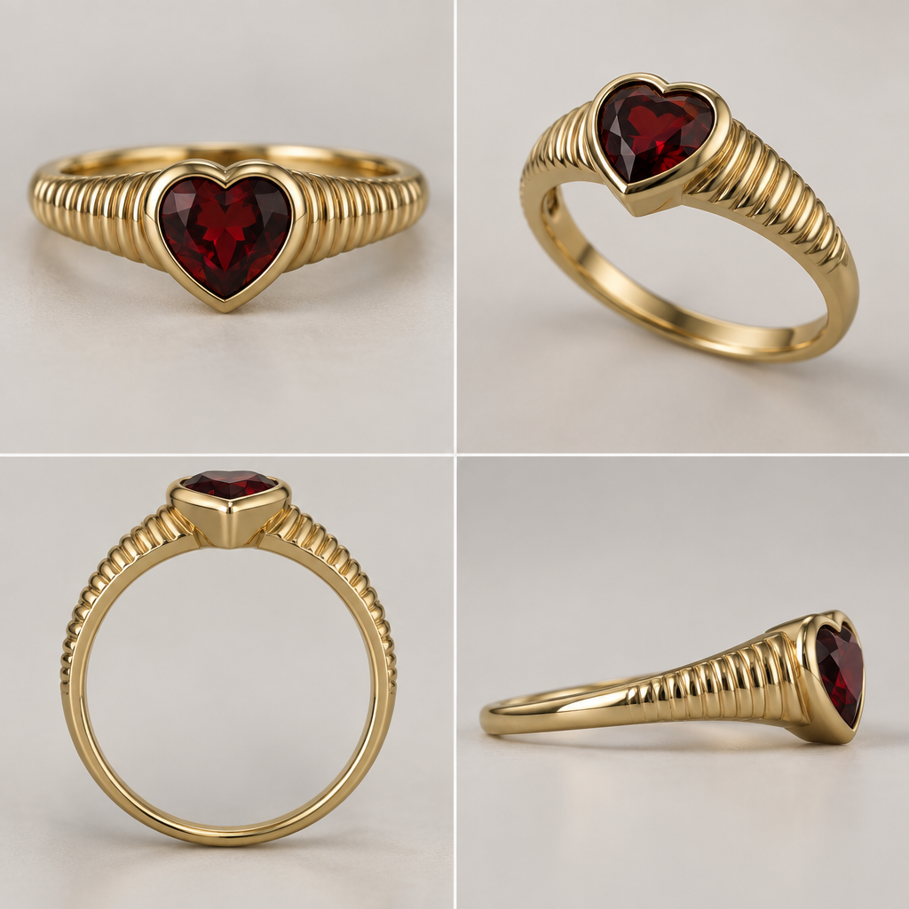 1 carat heart shaped garnet, low setting, yellow gold ring, 3mm thick band slowly getting thinner as it goes father down the shank to 2mm, add ribbed design throughout
photorealistic jewelry design, 1 carat heart shaped garnet, low setting, yellow gold ring, 3mm thick band slowly getting thinner as it goes father down the shank to 2mm, add ribbed design throughout , bezel style, just the design no text