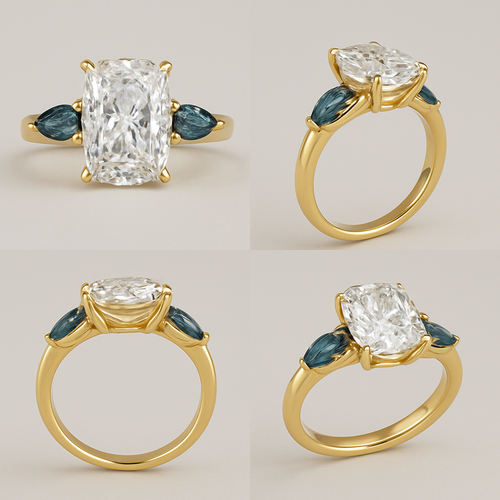 2 carat elongated cushion cut diamond with claw prongs and marquise alexandrite side stones set in a yellow flared shank from all angles 