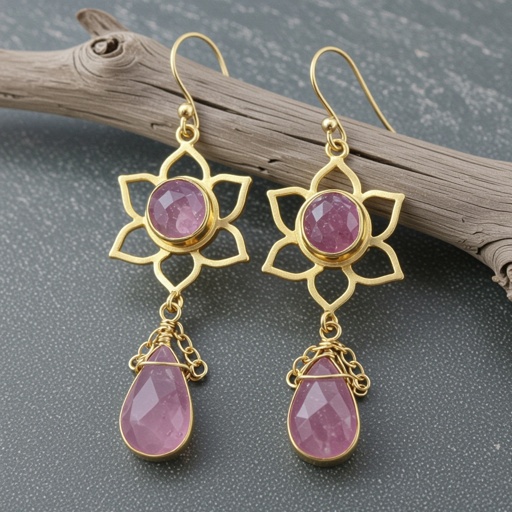 Светлое матовое золото. Серьги с лотосом на длинных цепочках. По центру лотоса неровный камень необрабаботанного розового кварца, от лотоса идет цепочка с еще одним камнем кварца на конце. Серьги тонкие и легкие