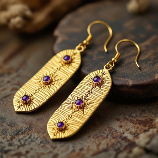 Серьги длинные на цепочках матовое золото мятое. Символ схематично созвездие. Маленькие фиолетовые камушки