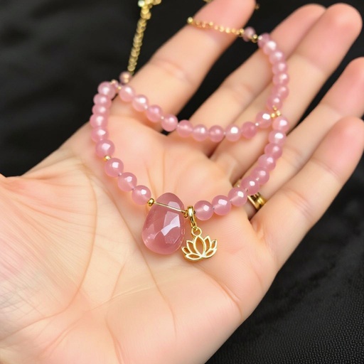Чокер из натурального мелкого необработанного розового кварца неровной формы бусины с золотой маленькой подвеской в форме лотоса