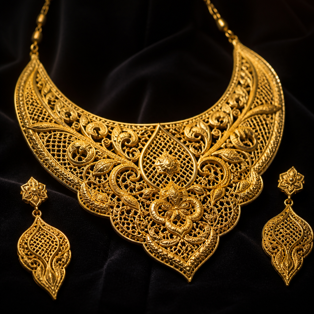 Prompt: A luxurious 21k yellow gold jewelry set, including an intricate necklace and matching earrings. Designed in traditional Arabic Sayaqah style (صياغة عربي). The design features complex repeating geometric patterns, Islamic arabesque motifs, and sharp filigree linework. Warm, rich 21-karat gold texture with a mix of polished and matte finishes. High-end luxury jewelry photography, studio lighting, soft shadows, macro lens depth of field, minimalist dark velvet background, 8k resolution, photorealistic. --ar 4:3 --v 6.0۲
photorealistic jewelry design, Prompt: A luxurious 21k yellow gold jewelry set, including an intricate necklace and matching earrings. Designed in traditional Arabic Sayaqah style (صياغة عربي). The design features complex repeating geometric patterns, Islamic arabesque motifs, and sharp filigree linework. Warm, rich 21-karat gold texture with a mix of polished and matte finishes. High-end luxury jewelry photography, studio lighting, soft shadows, macro lens depth of field, minimalist dark velvet background, 8k resolution, photorealistic. --ar 4:3 --v 6.0۲, baroque style, just the design no text