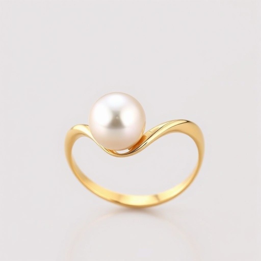 A golden ring with a pearl in the middle, the ring curving into an elegant wave type circle around the pearl. I want it to have a very elegant, simple, and beautiful design. I want the ring symmetrical and the pearl to be a medium size.