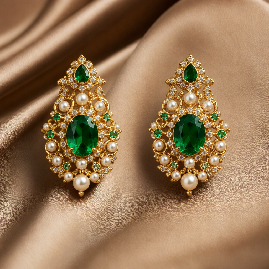 A royal women's earrings made of gold with emerald and pearl stones suitable for formal, highly ornate, intricate and elaborate, richly detailed. delicado y sencillo, que los aretes sean cortos
photorealistic jewelry design, A royal women's earrings made of gold with emerald and pearl stones suitable for formal, highly ornate, intricate and elaborate, richly detailed. delicado y sencillo, que los aretes sean cortos, royal style, just the design no text