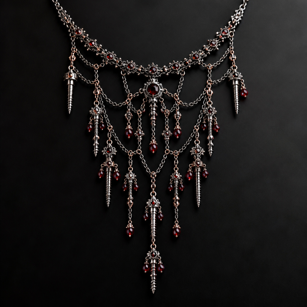 A gothic women's necklace made of mixed metal with ruby stones. a cascading chandelier necklace made from fine chain with surgical screws as the main dangling components. there are clusters of red beads dangling from some of the screens to represent blood.
photorealistic jewelry design, A gothic women's necklace made of mixed metal with ruby stones. a cascading chandelier necklace made from fine chain with surgical screws as the main dangling components. there are clusters of red beads dangling from some of the screens to represent blood., gothic style, just the design no text