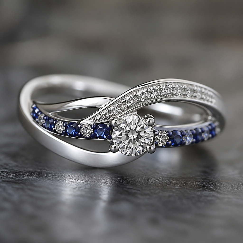 A women's ring made of gold with diamond and sapphire stones. white gold ring with cluster diamonds, tiny sapphires, and one solitaire diamond. Wave pattern or swirl pattern
photorealistic jewelry design, A women's ring made of gold with diamond and sapphire stones. white gold ring with cluster diamonds, tiny sapphires, and one solitaire diamond. Wave pattern or swirl pattern, modern style, just the design no text