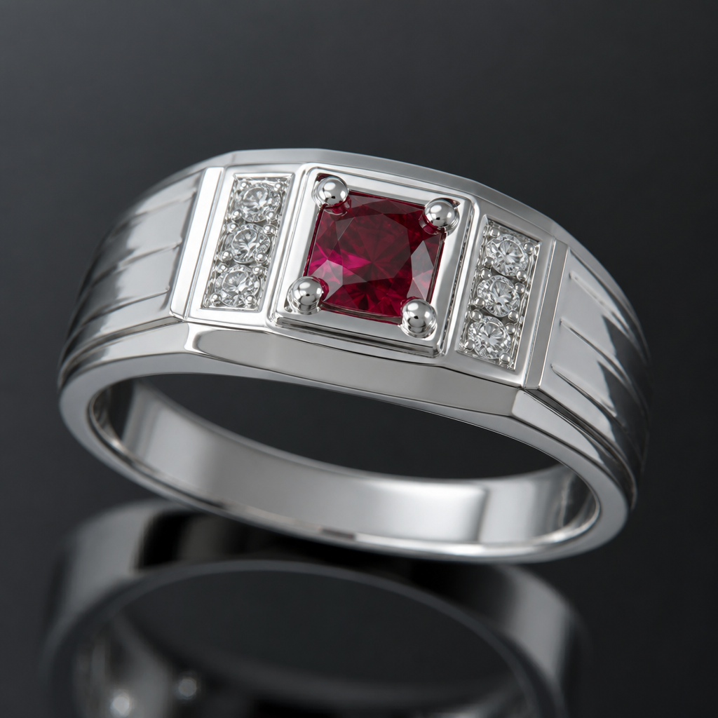 A classic men's ring made of silver with diamond and ruby stones suitable for engagement
photorealistic jewelry design, A classic men's ring made of silver with diamond and ruby stones suitable for engagement, classic style, just the design no text