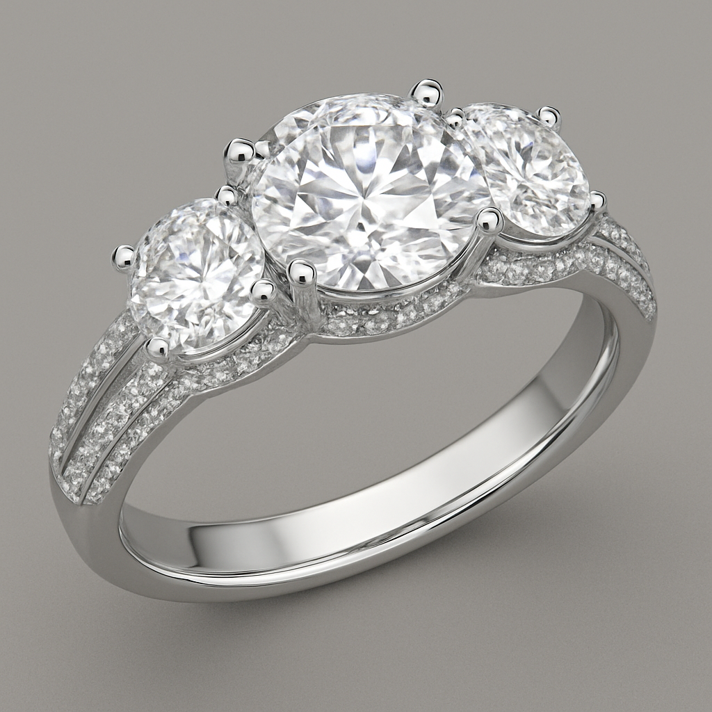 Elegant platinum 4 carat tw 3 stone ring with  hidden halo and pave split band