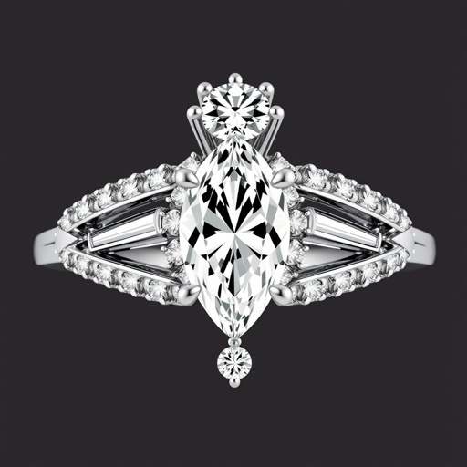 Make a ring with a 1 carat kite cut salt and pepper diamond with a half sunburst halo at the bottom with a center marquise, baguette, two stacked round diamonds and round diamonds on descending size on either side with 14K white gold metal. On the top of the center stone place one small round diamond with two smaller round diamonds beside it