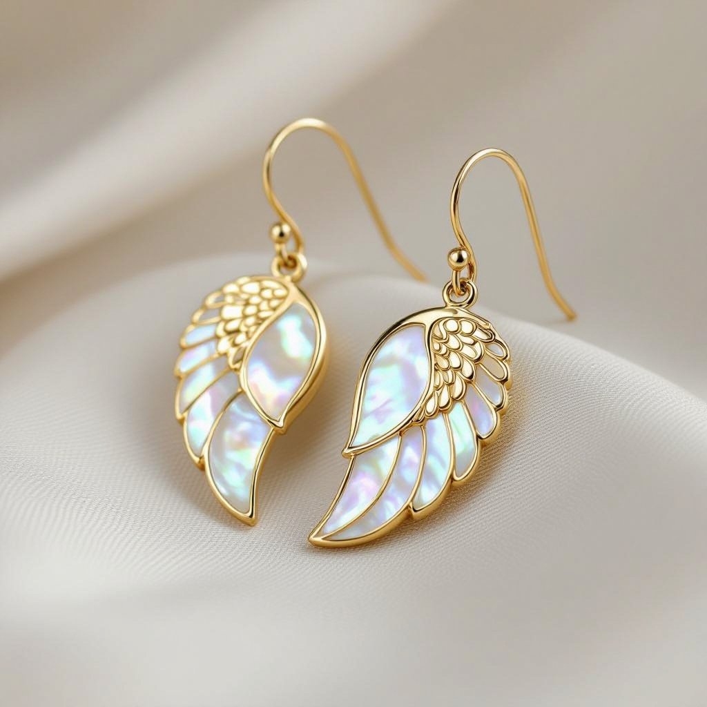 Серьги золотые в виде белого крыла ангела из перламутра 