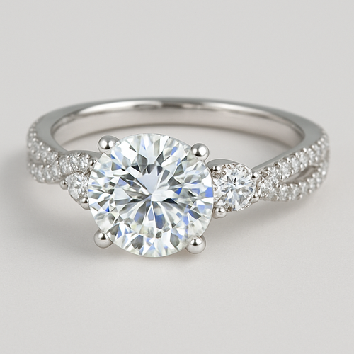 3 carat round diamond with .6 diamond on each side with twisted pave band 
