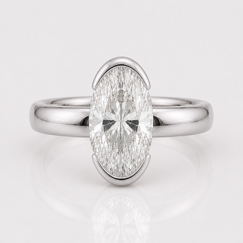 thicker and longer bezel wall on the north south side of the stone, no bezel on the west east side of the stone in platinum
edit the attached jewelry design with these instructions: thicker and longer bezel wall on the north south side of the stone, no bezel on the west east side of the stone in platinum. keep it photorealistic, just the design no text