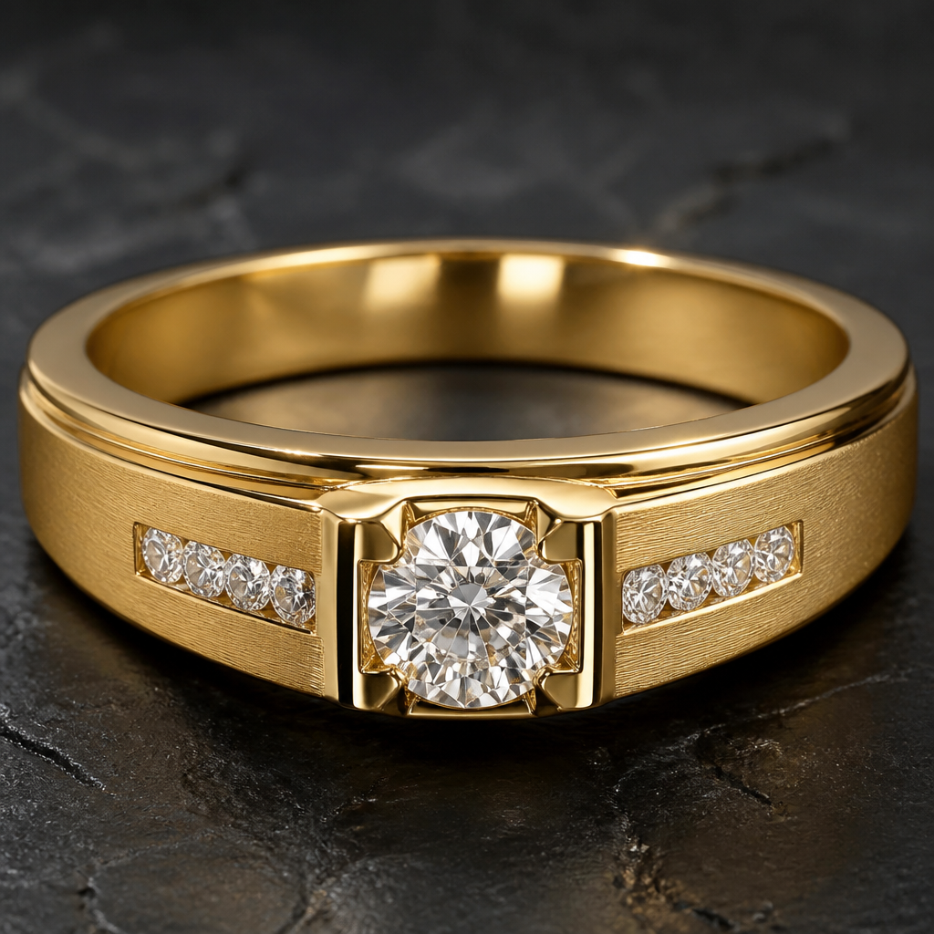 A classic men's ring made of gold with diamond stones suitable for engagement
photorealistic jewelry design, A classic men's ring made of gold with diamond stones suitable for engagement, classic style, just the design no text
