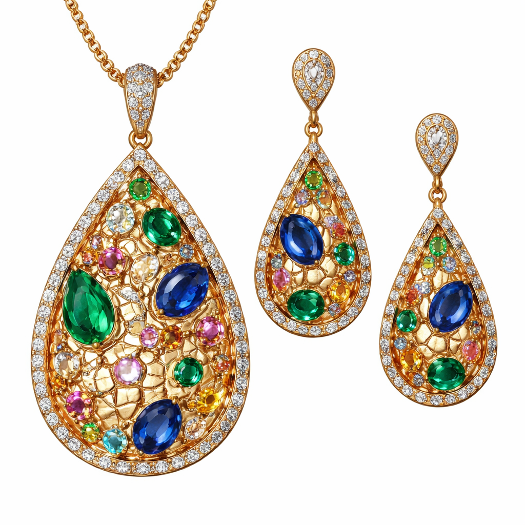 Create Pendant with earrings with crocodile style leather design with gemstones scattered, in gold
