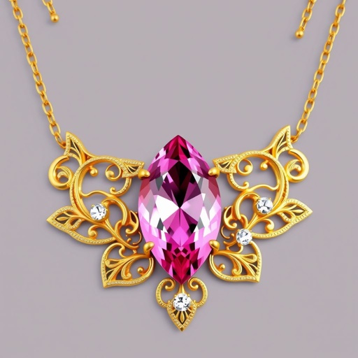 A fancy and elegant gold necklace with a pink color gemstone in a marquise cut. All the details are delicate and they rappresent the petals of the flower lotus. Add also two small white gems in the decor