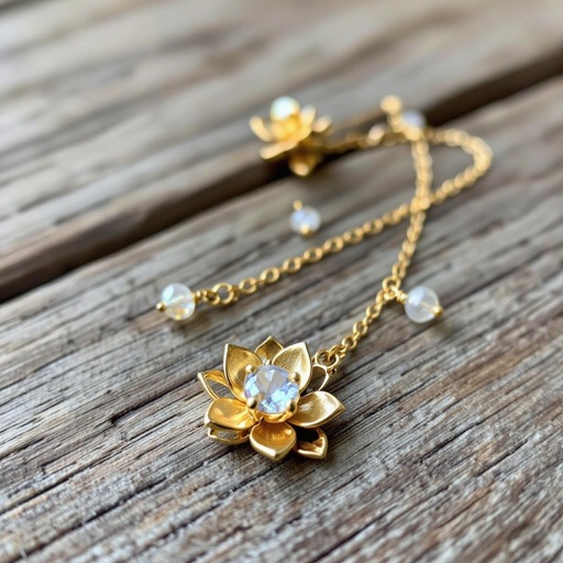 Серьги золото изящный маленький плоский лотос с необработанным маленьким хрусталем в центре, от лотоса идет золотая цепочка вниз с еще одним маленьким камушком хрусталя