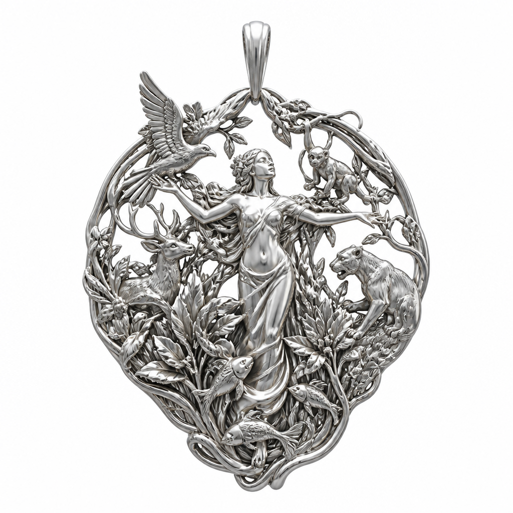 A art deco women's pendant made of silver suitable for festival. An extraordinary excellent beautiful and delicate, super modern pendant with all the elements of nature, with all the animals, with all the plants and with all the flowers of the forest of the mountains, without stones, without background only the pendant, all the animals, plants, trees, flowers, women to be like statues.
photorealistic jewelry design, A art deco women's pendant made of silver suitable for festival. An extraordinary excellent beautiful and delicate, super modern pendant with all the elements of nature, with all the animals, with all the plants and with all the flowers of the forest of the mountains, without stones, without background only the pendant, all the animals, plants, trees, flowers, women to be like statues., art_deco style, just the design no text