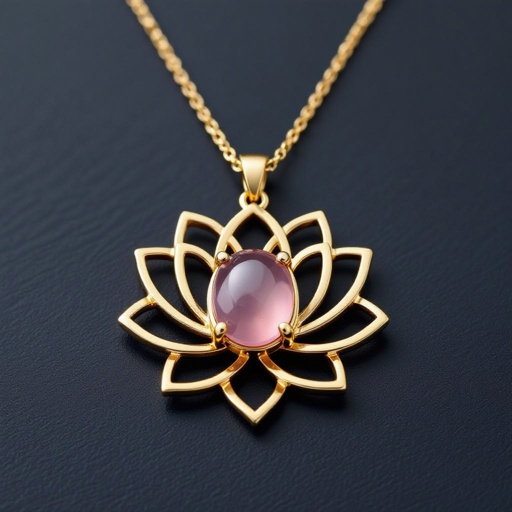 Золотая матовая цепочка. Подвеска матовая лотос шесть лепестков нижние лепестки крупнее верхних  не круглый . В сердце лотоса матовый розовый кварц овальный