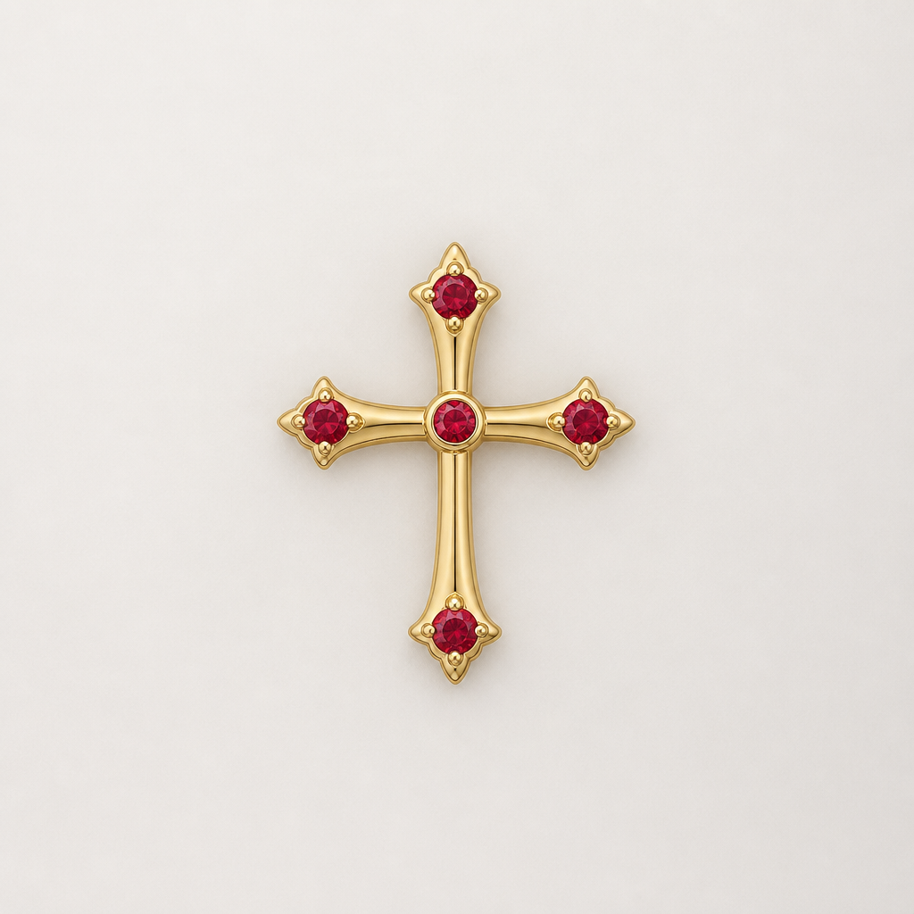 Dainty and feminine Gold cross with rubies, majority gold . Hidden bail
photorealistic jewelry design, Dainty and feminine Gold cross with rubies, majority gold . Hidden bail, minimalist style, just the design no text