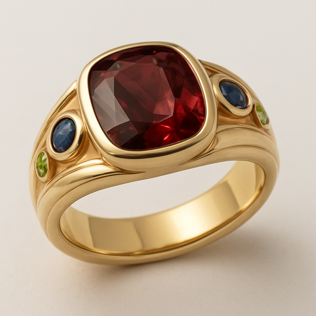 14k Gold men’s ring with large garnet center stone, medium sized sapphire, and small peridots 