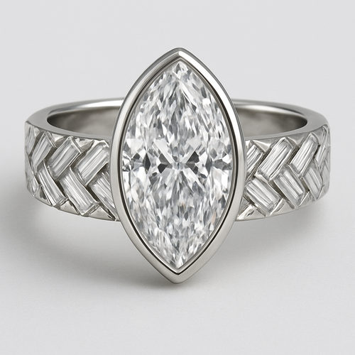 Bezel set 6 carat marquise diamond center stone with baguette diamonds in a herringbone pattern in the band