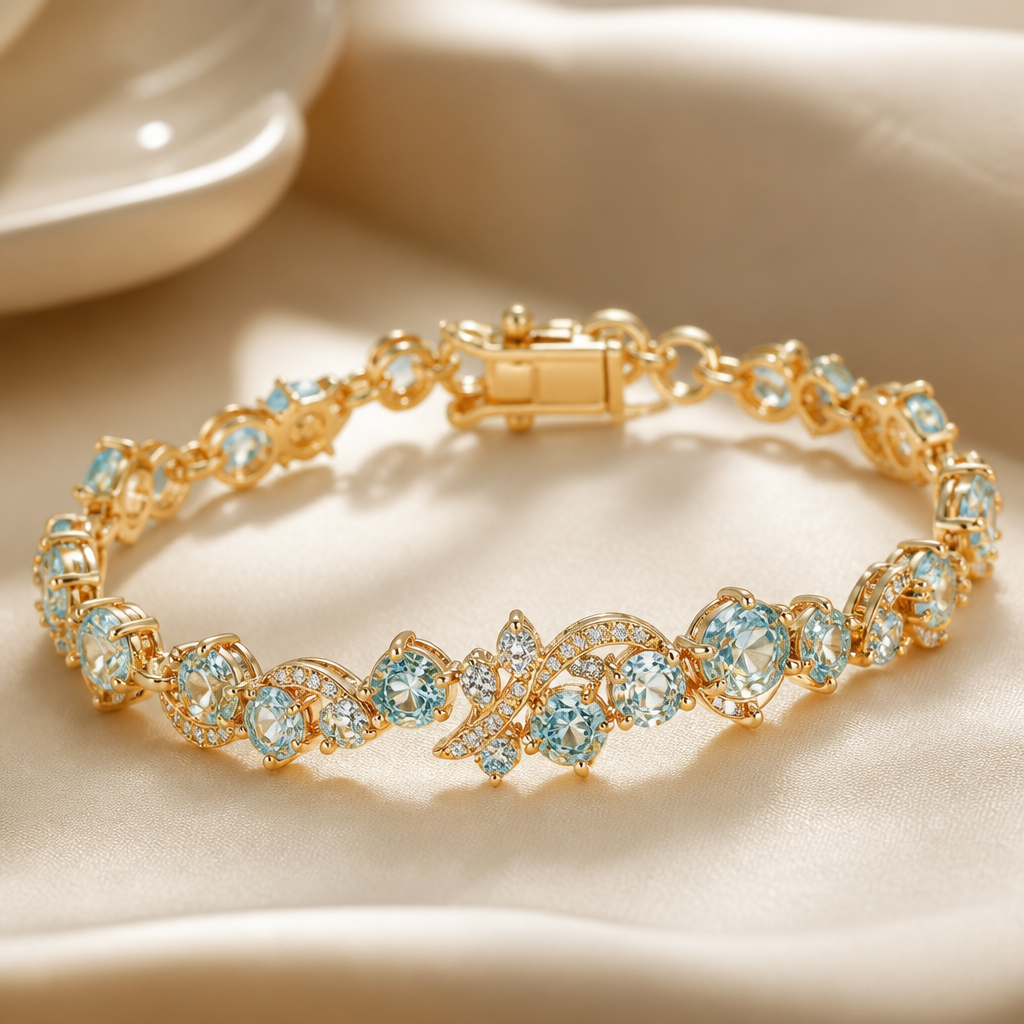 A luxury women's bracelet made of gold with aquamarine and diamond stones suitable for daily wear, highly ornate, intricate and elaborate, richly detailed. delicado y sencillo que deslumbre miradas por su elegancia
photorealistic jewelry design, A luxury women's bracelet made of gold with aquamarine and diamond stones suitable for daily wear, highly ornate, intricate and elaborate, richly detailed. delicado y sencillo que deslumbre miradas por su elegancia, luxury style, just the design no text