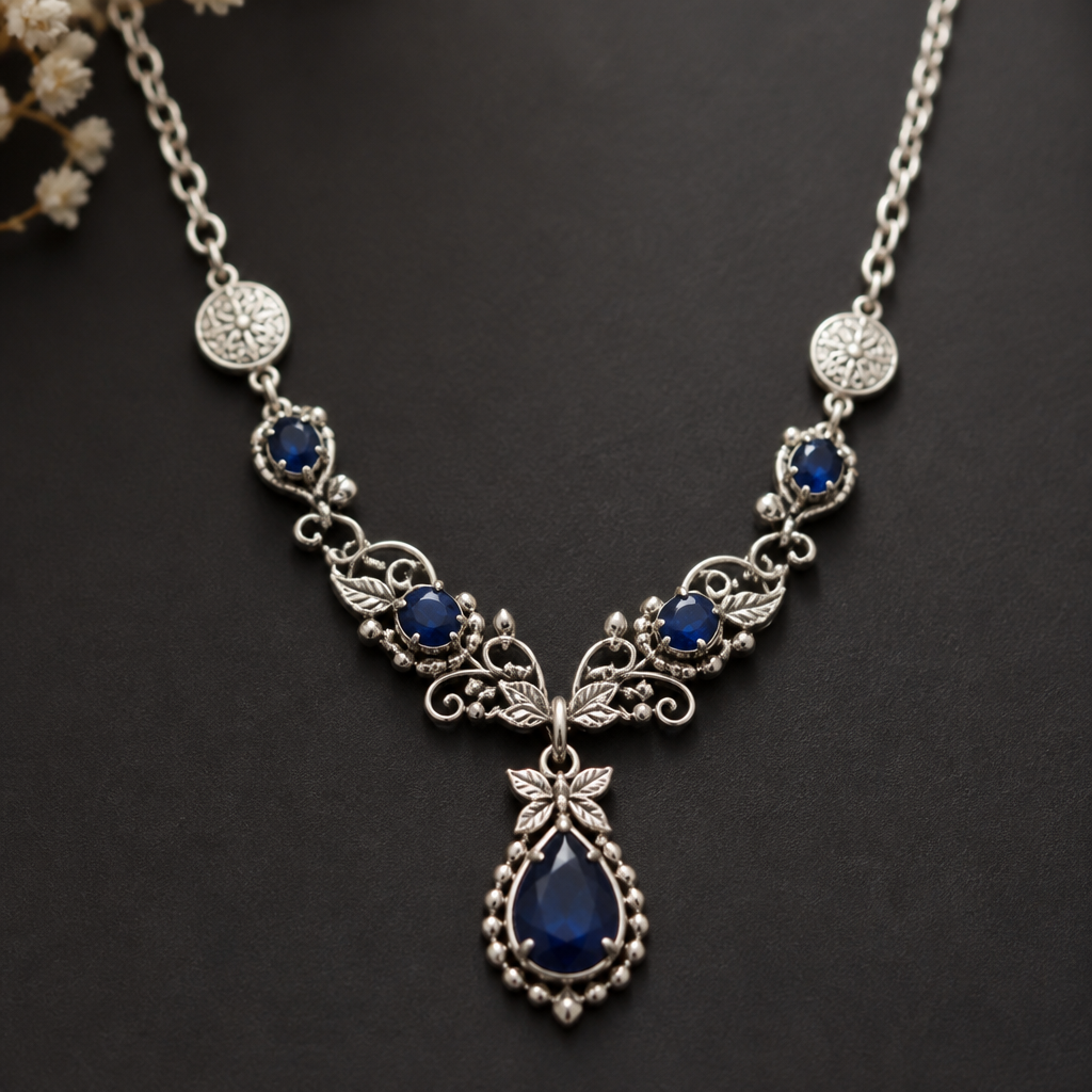 A bohemian women's necklace made of silver with sapphire stones suitable for anniversary
photorealistic jewelry design, A bohemian women's necklace made of silver with sapphire stones suitable for anniversary, bohemian style, just the design no text