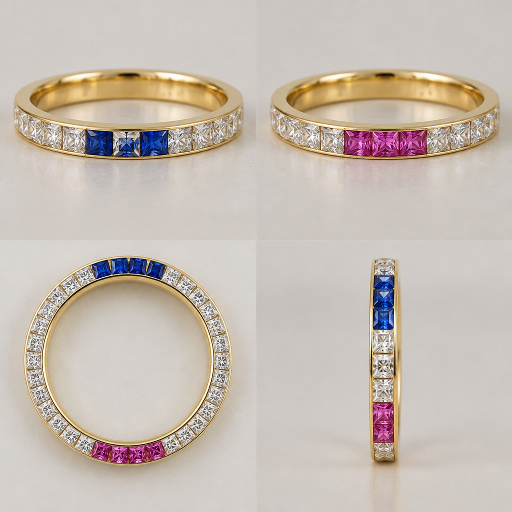 A women's ring made of gold with diamond and sapphire and amethyst stones, minimalist, simple and delicate, clean lines. An full ETERNITY Ring.
Ring metal: Yellow Gold.
Size UK size L1/2.
3mm ring band width.
Have smooth continuous gold on the inside and sides of the ring. Stones only visible from top or underneath.
Diamonds to be princess cut and held in thin 1mm channels.
All stones to be clear diamonds EXCEPT for three x blue sapphires on one side, each separated by one clear diamond. AND 180 degress on the other side, three vivid pink sapphires. So the pink stones are symmetrically exactly opposite the blue ones. NB all the stones should touch each orher. Important: No gold between rhemm
photorealistic jewelry design, A women's ring made of gold with diamond and sapphire and amethyst stones, minimalist, simple and delicate, clean lines. An full ETERNITY Ring.
Ring metal: Yellow Gold.
Size UK size L1/2.
3mm ring band width.
Have smooth continuous gold on the inside and sides of the ring. Stones only visible from top or underneath.
Diamonds to be princess cut and held in thin 1mm channels.
All stones to be clear diamonds EXCEPT for three x blue sapphires on one side, each separated by one clear diamond. AND 180 degress on the other side, three vivid pink sapphires. So the pink stones are symmetrically exactly opposite the blue ones. NB all the stones should touch each orher. Important: No gold between rhemm, modern style, just the design no text
