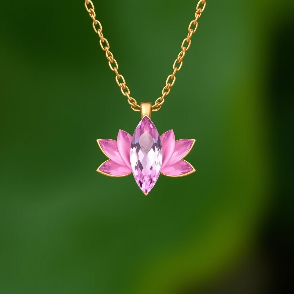 A everyday wear but delicate small gold necklace with a pink color gemstone in a marquise cut. All the details are delicate and they rappresent the petals of the flower lotus.