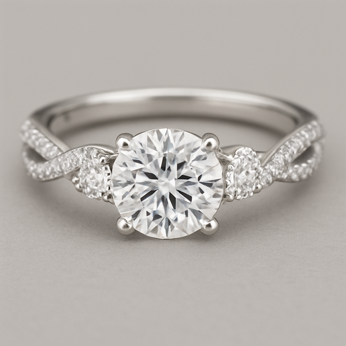 3 carat round diamond with .6 diamond on each side with twisted pave band 