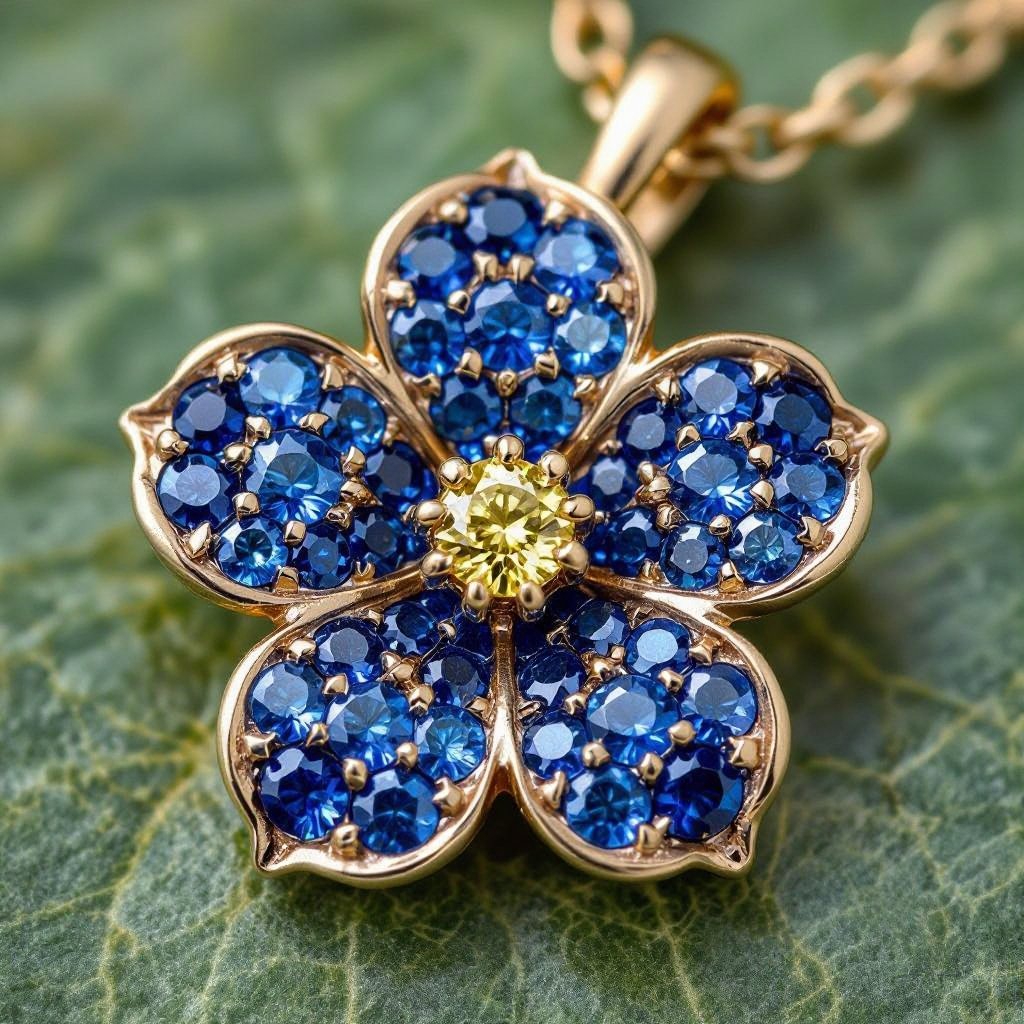 Create a forget me not flower pendant.  The petals are formed using paved light blue sapphires.  The center stone is 1 yellow diamonds 