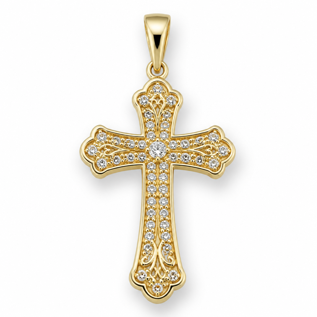 A classic women's pendant made of gold with diamond stones. gold Cross pendant, with Dio ti protegga written on it.
photorealistic jewelry design, A classic women's pendant made of gold with diamond stones. gold Cross pendant, with Dio ti protegga written on it., classic style, just the design no text