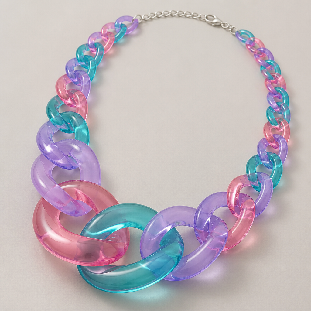 A women's necklace. create a chunky Cuban links style plastic necklace that is graduated and exaggerated in the first three links.translucent colors: alternating lavender, pink, and teal
photorealistic jewelry design, A women's necklace. create a chunky Cuban links style plastic necklace that is graduated and exaggerated in the first three links.translucent colors: alternating lavender, pink, and teal, modern style, just the design no text