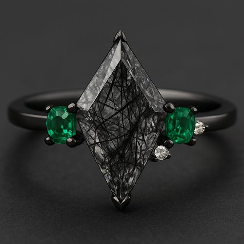 Kite cut Black rutilated quartz with 1 emerald on each side and 2 moissanite accent stones in a cluster on a black band