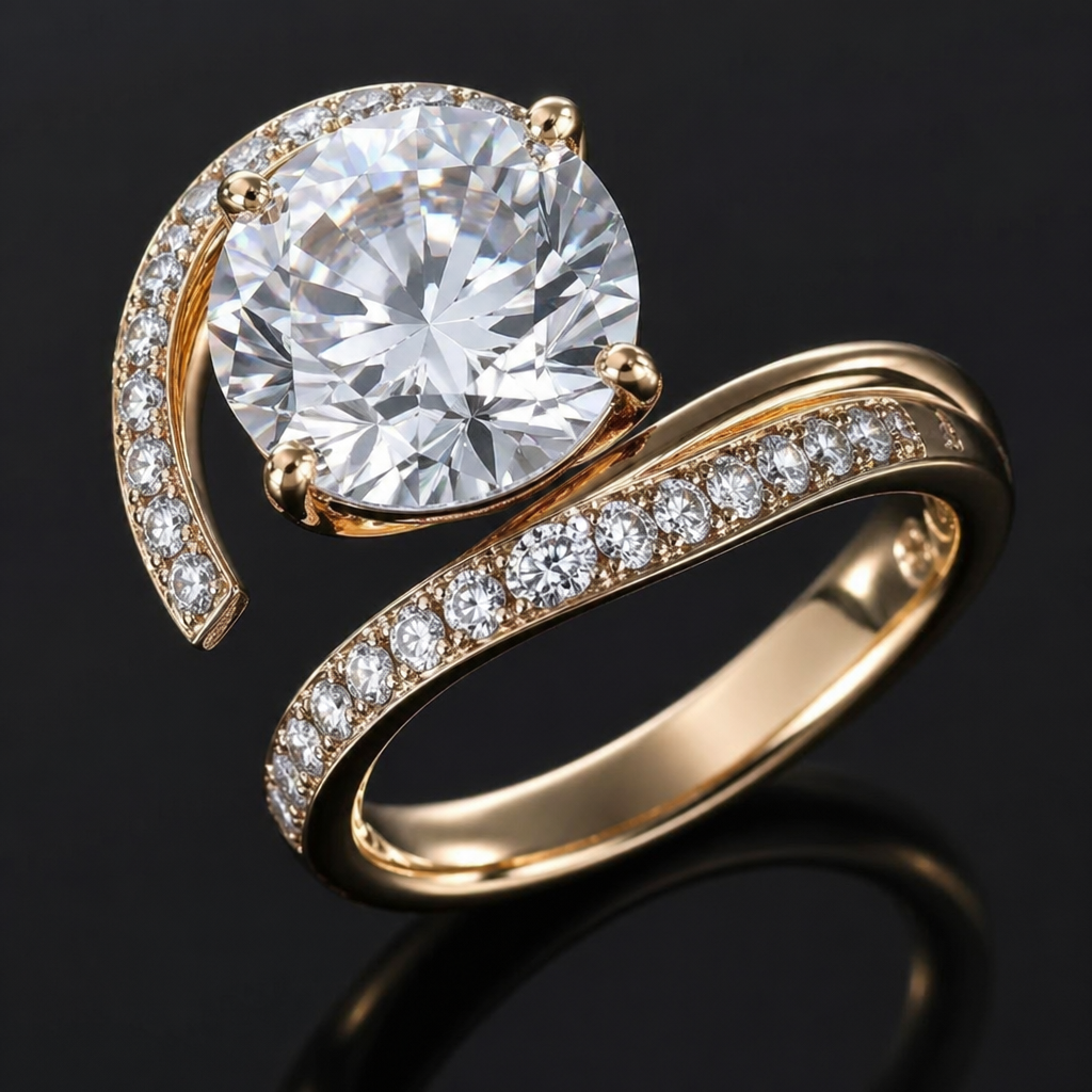 . Refinement: zwiek wymiar diamentu i przesun górnym na lewą gora
photorealistic jewelry design, . Refinement: zwiek wymiar diamentu i przesun górnym na lewą gora, Luxury style, just the design no text