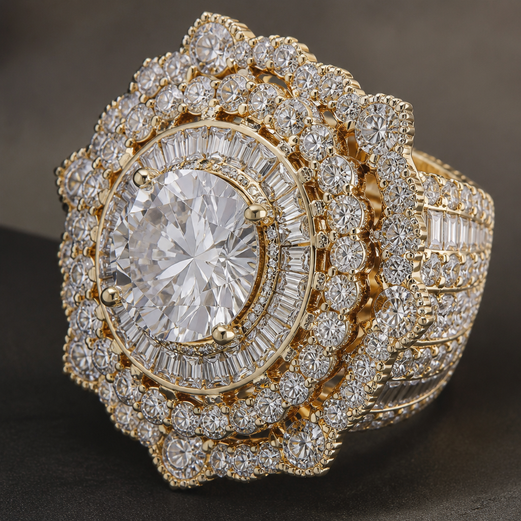 Large, diamond gold wedding
photorealistic jewelry design, Large, diamond gold wedding
, cocktail style, just the design no text