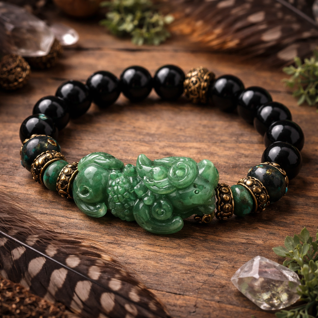 Green jade pixiu with black onyx stretchy bracelet