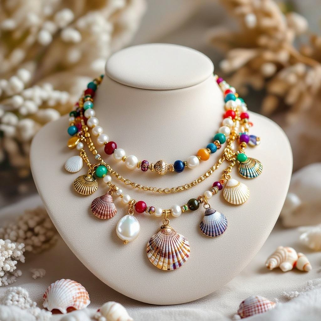 Sea inspired jewelry set, with small shells and golden details
