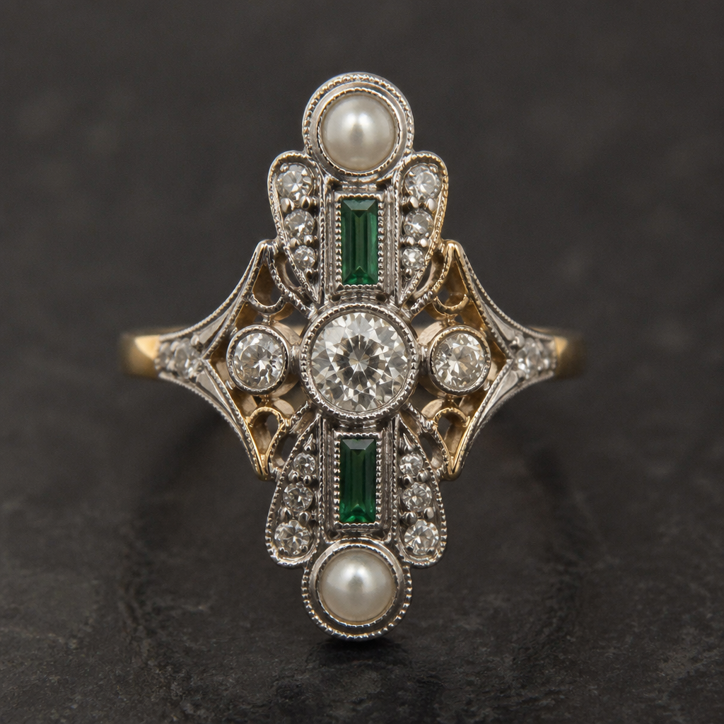 A vintage women's ring made of mixed metal with diamond and emerald and pearl stones suitable for engagement
photorealistic jewelry design, A vintage women's ring made of mixed metal with diamond and emerald and pearl stones suitable for engagement, vintage style, just the design no text
