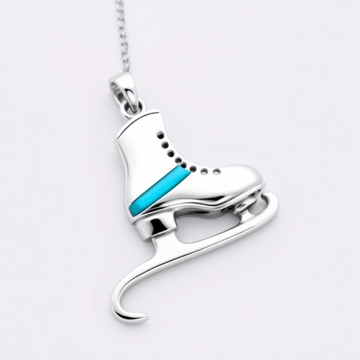 Silver Pendant shape one ice skate with turquoise stripe inside the low thin part blade