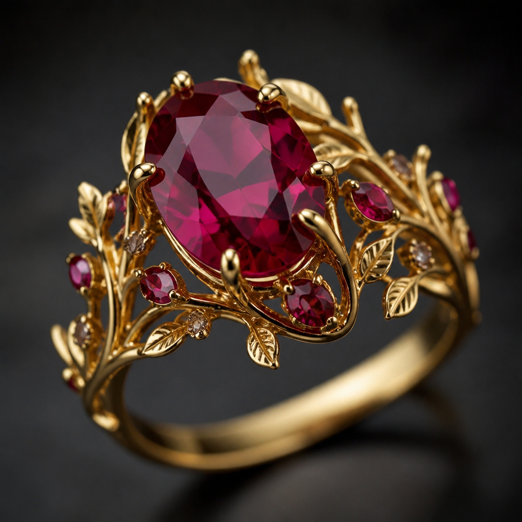 A cocktail women's ring with ruby stones, highly ornate, intricate and elaborate, richly detailed. delicado , sencillo y que salgan unas mini ramitas que sujetan la gema
photorealistic jewelry design, A cocktail women's ring with ruby stones, highly ornate, intricate and elaborate, richly detailed. delicado , sencillo y que salgan unas mini ramitas que sujetan la gema, cocktail style, just the design no text