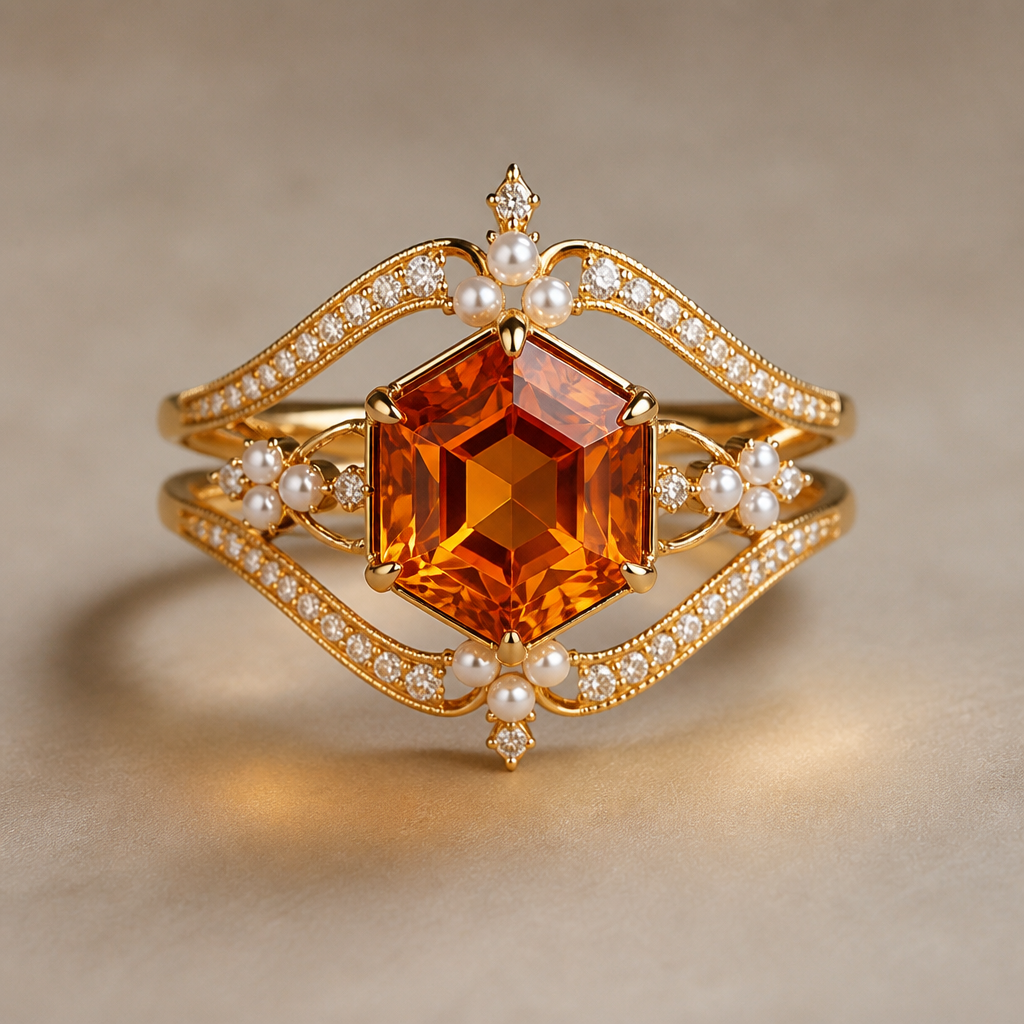 Double with two vs one going up and one going down with a bing hexagon burnt orange diamonds with smaller pearls and diamonds between the bands connecting to the big diamond