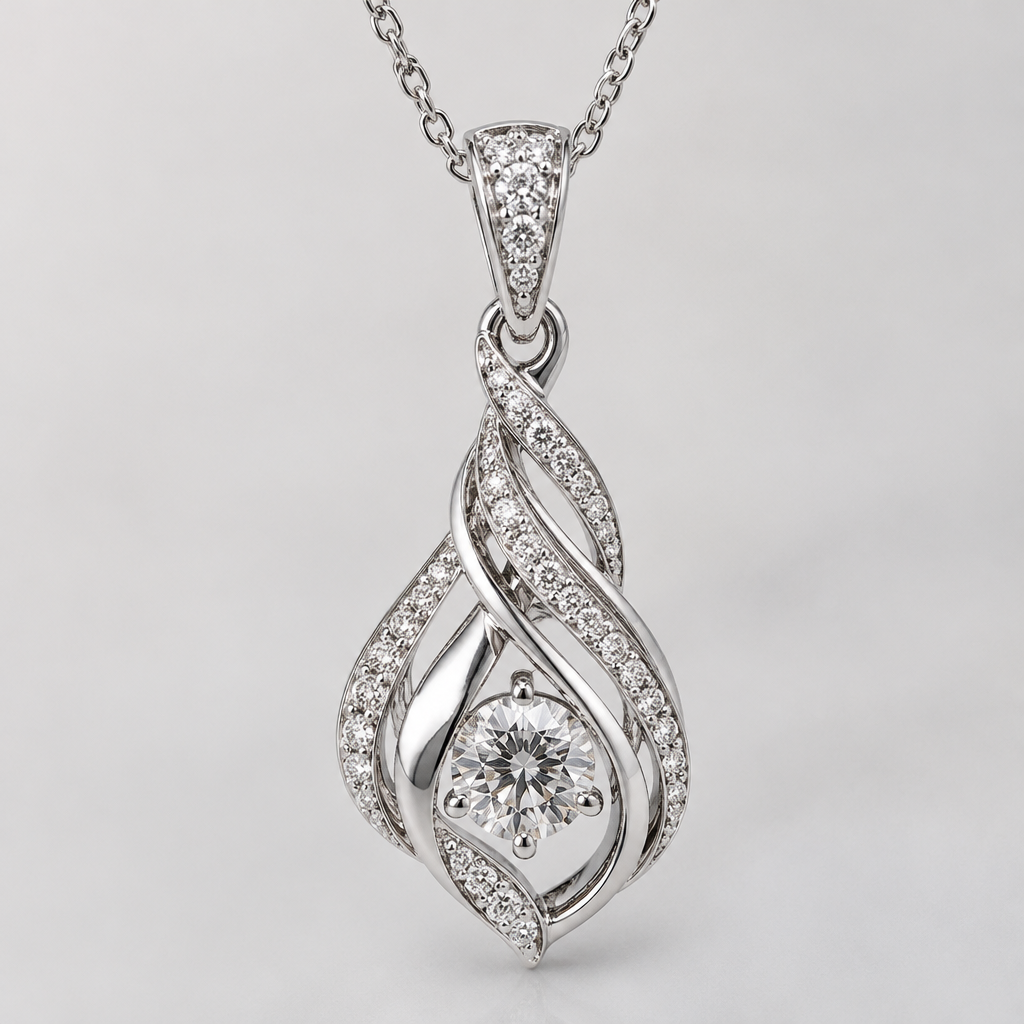 A modern women's pendant made of silver with diamond stones suitable for daily wear, detailed and decorative, moderately ornate
photorealistic jewelry design, A modern women's pendant made of silver with diamond stones suitable for daily wear, detailed and decorative, moderately ornate, modern style, just the design no text