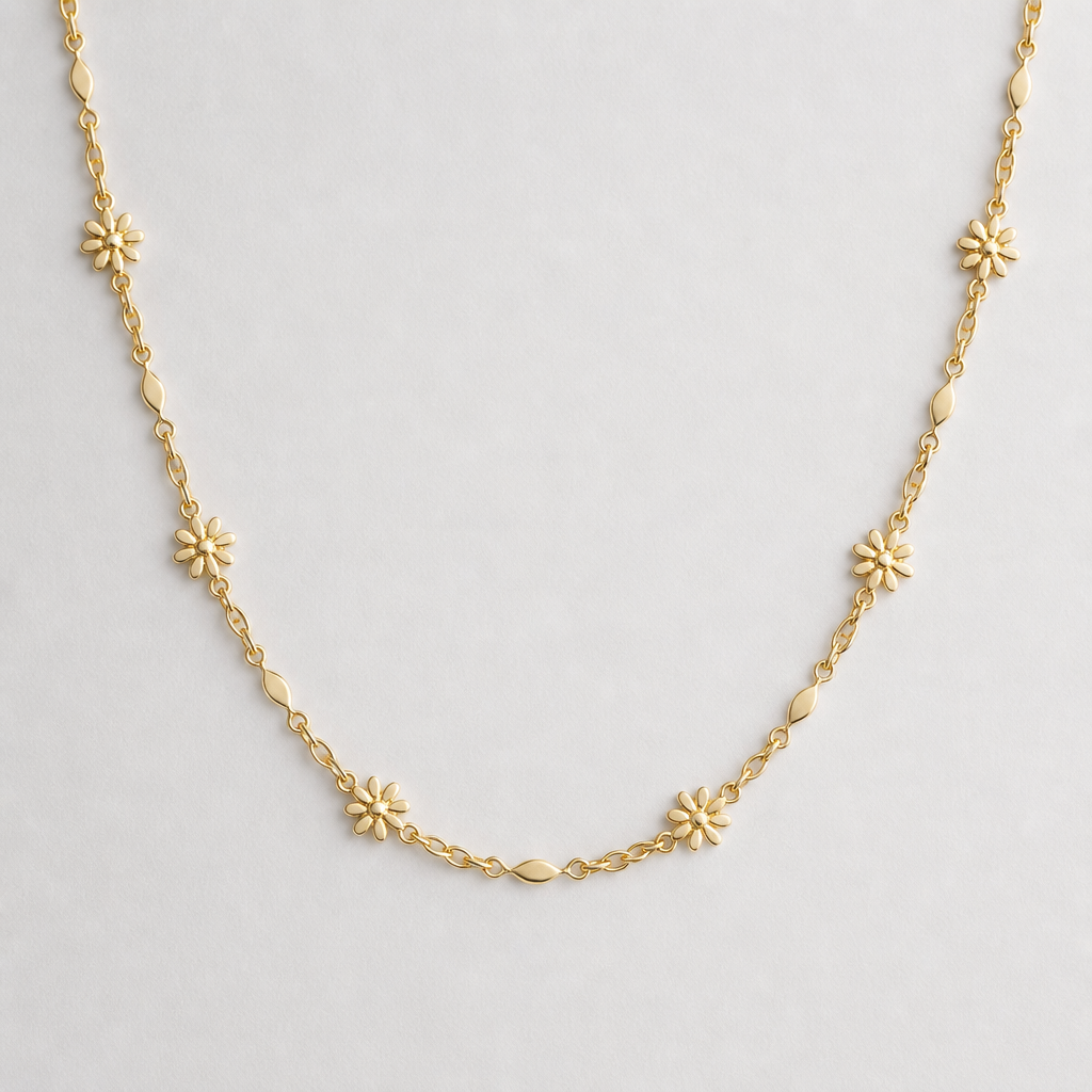 A minimalist women's necklace made of gold, minimalist, simple and delicate, clean lines. petal chain link necklace with dainty alternating dahlia flower
photorealistic jewelry design, A minimalist women's necklace made of gold, minimalist, simple and delicate, clean lines. petal chain link necklace with dainty alternating dahlia flower, minimalist style, just the design no text