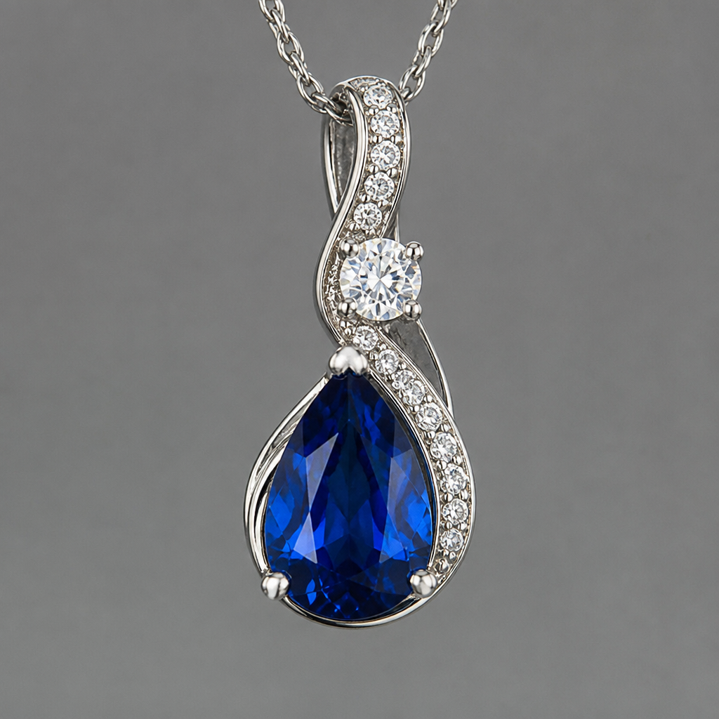 A pendant featuring a 1.7 carat pear shaped blue sapphire
photorealistic jewelry design, A pendant featuring a 1.7 carat pear shaped blue sapphire , artistic style, just the design no text